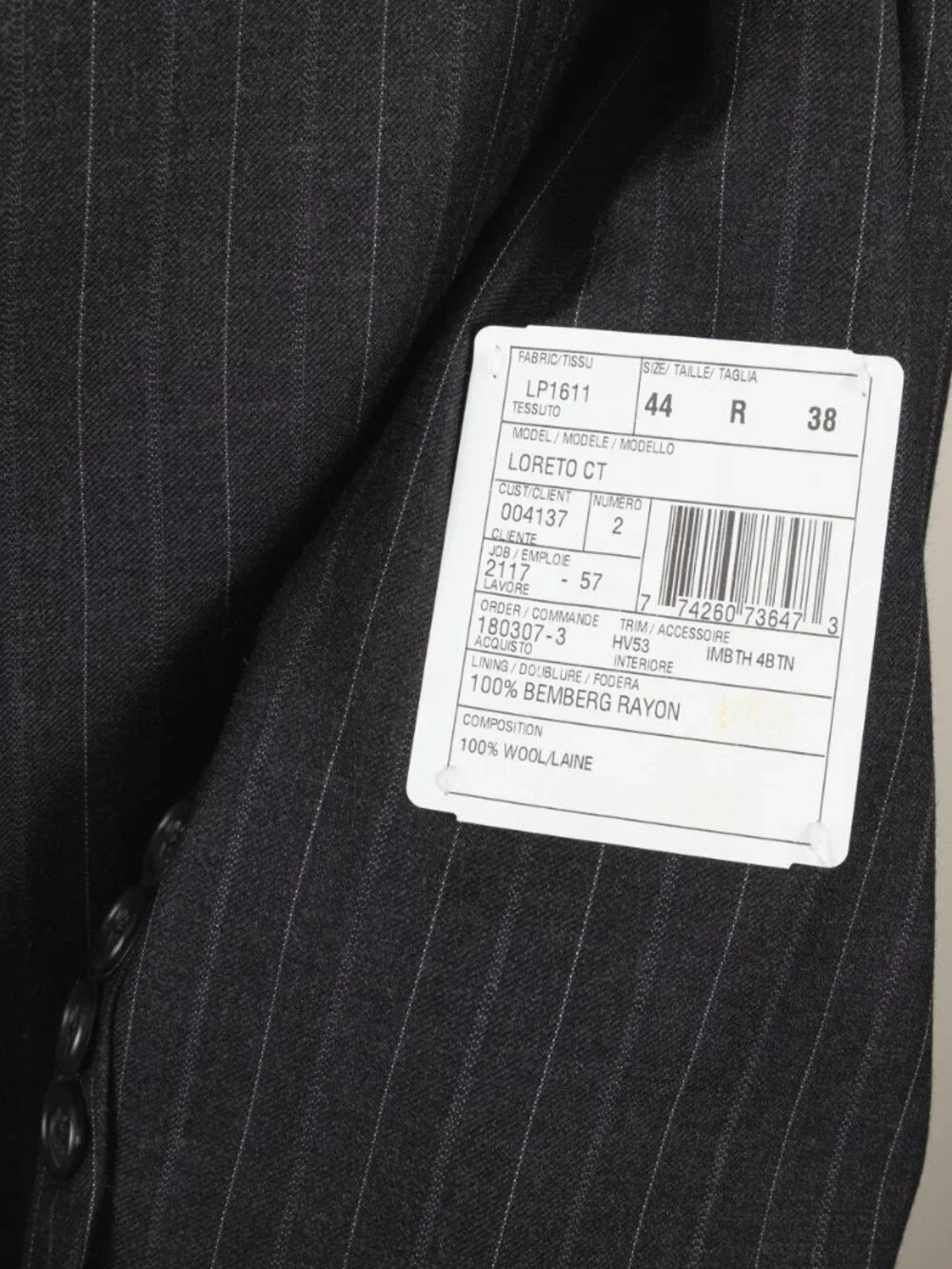 NWT Jack Victor Mens Suit 44R 38W Loro Piana Zelander Wool Charcoal Pinstripe
